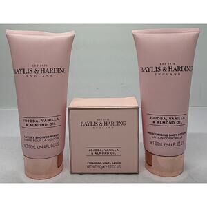 Baylis & Harding Jojoba Vanilla Almond Oil Soap, Body Wash, Body Lotion Set New